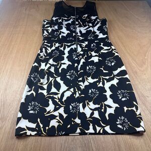 Worthington Floral Dress Black White Yellow Trim Sleeveless Mesh Womens M
